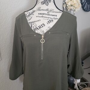 Elegant Olive Women's Blouse with Gold Zipper